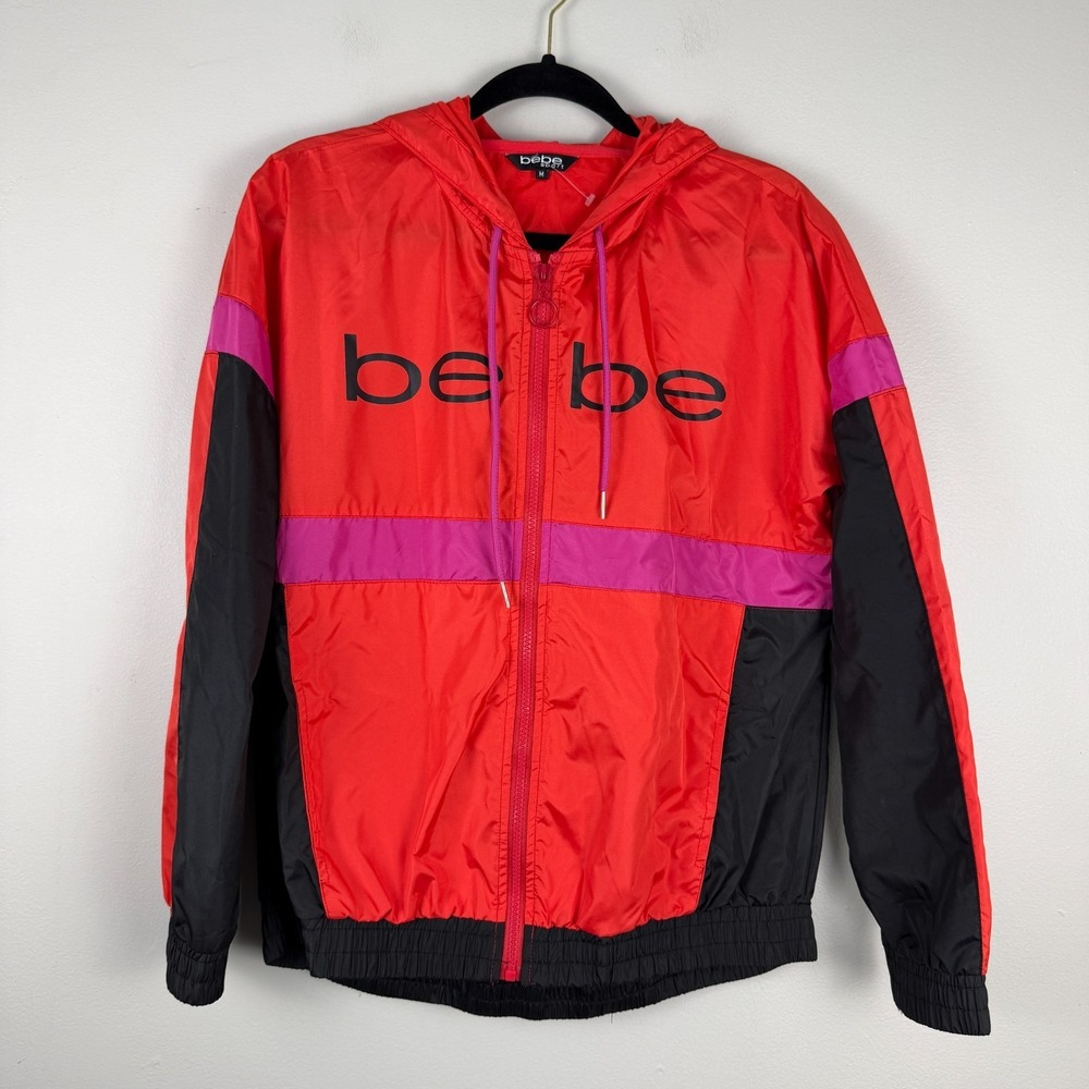 Bebe Sport Windbreaker Jacket Womens M Red Colorblock Drawstring Full-Zip Hooded